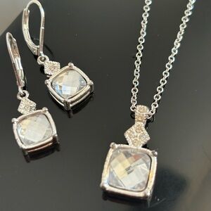 Avon Silver Tone Cushion Cut Grey Glass Halo Necklace & Earrings Set